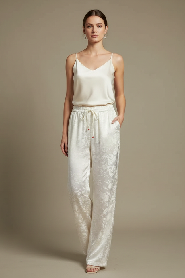 Pantalon Blanc Satin Jacquard Palazzo Élégant Fluide