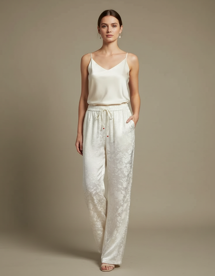 Pantalon Blanc Satin Jacquard Palazzo Élégant Fluide