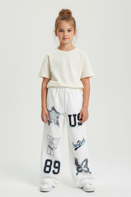 Pantalon Blanc Imprimé Graphique Décontracté Ample - Molleton