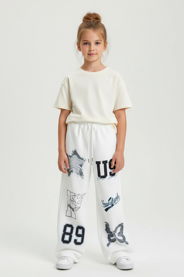 Pantalon Blanc Imprimé Graphique Décontracté Ample - Molleton