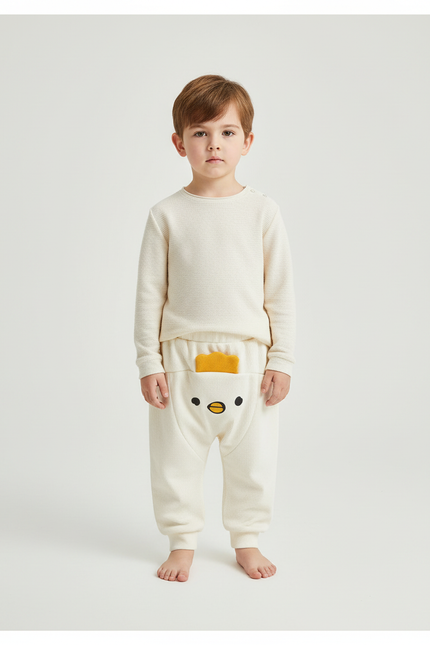 Pantalon Blanc Côtelé Ample Décontracté Motif Canard - Cordé