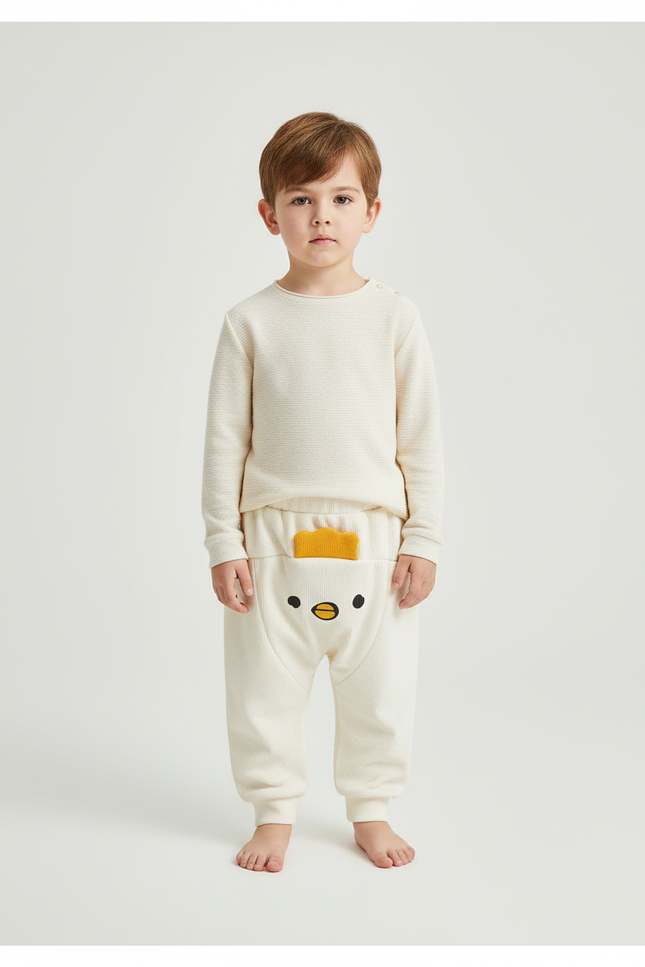 Pantalon Blanc Côtelé Ample Décontracté Motif Canard - Cordé