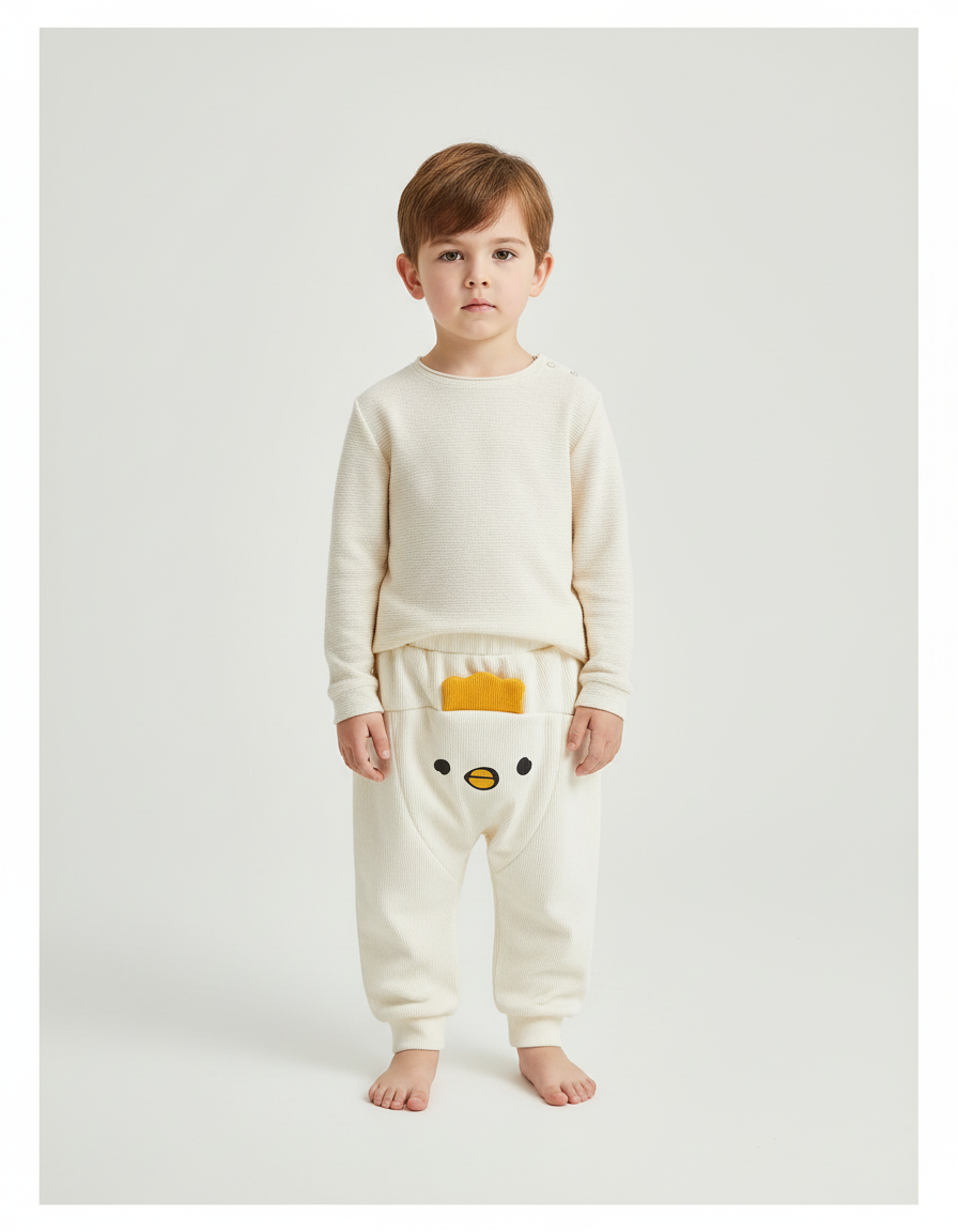 Pantalon Blanc Côtelé Ample Décontracté Motif Canard - Cordé