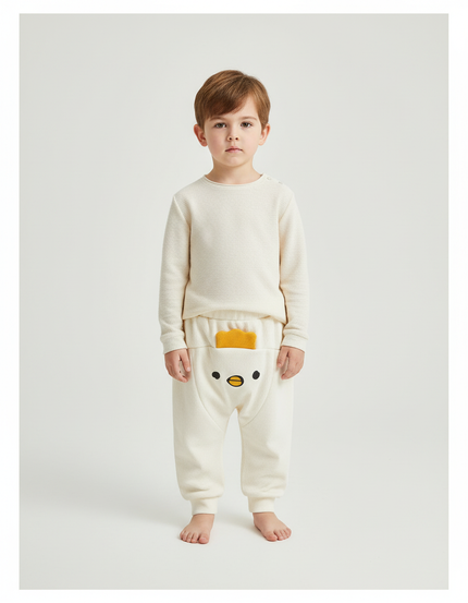 Pantalon Blanc Côtelé Ample Décontracté Motif Canard - Cordé