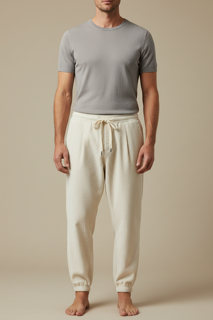 Pantalon Blanc Côtelé Plissé Décontracté Homme Cordon - Beige Cordé