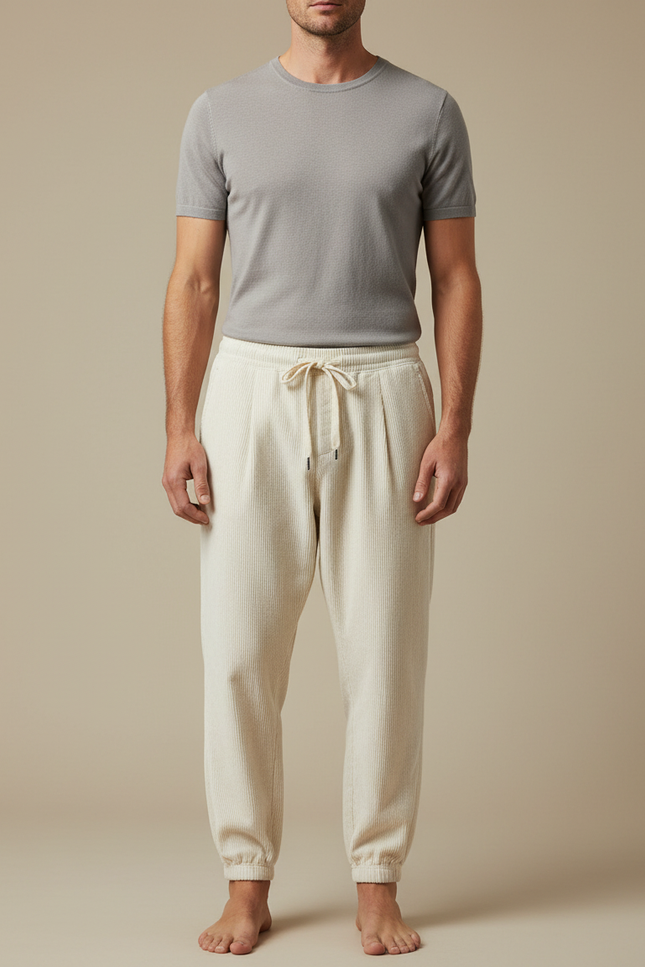 Pantalon Blanc Côtelé Plissé Décontracté Homme Cordon - Beige Cordé