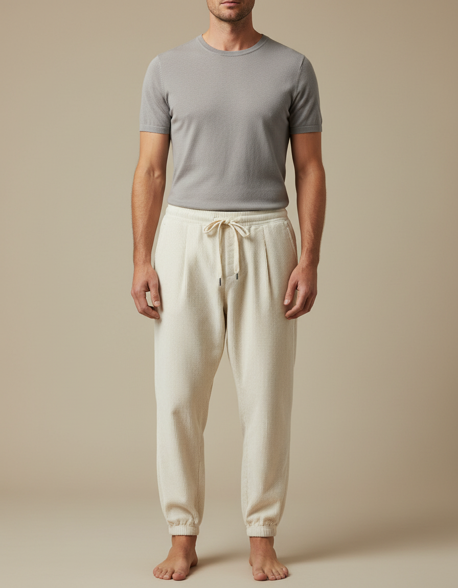 Pantalon Blanc Côtelé Plissé Décontracté Homme Cordon - Beige Cordé