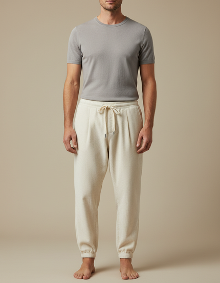 Pantalon Blanc Côtelé Plissé Décontracté Homme Cordon - Beige Cordé