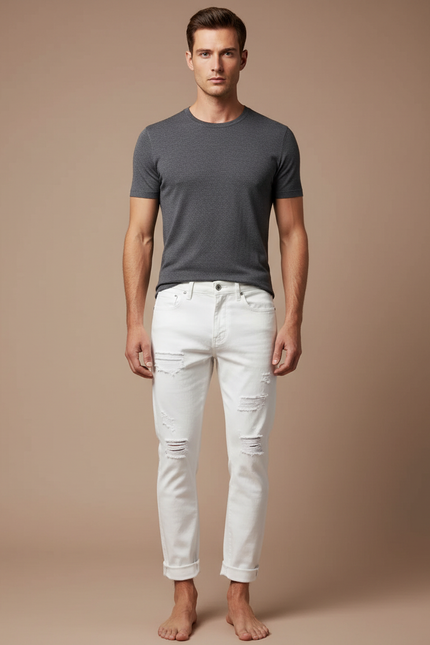 Pantalon Blanc Homme Slim Déchiré Casual - Jean