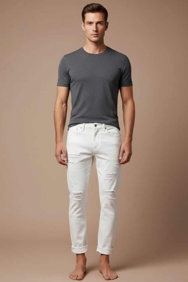 Pantalon Blanc Homme Slim Déchiré Casual - Jean