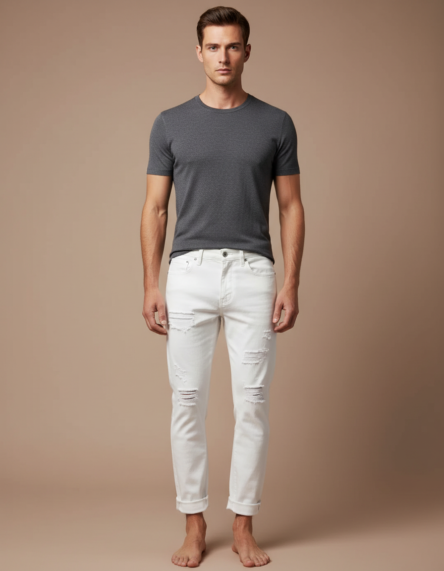 Pantalon Blanc Homme Slim Déchiré Casual - Jean