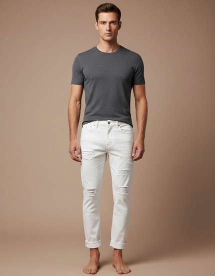 Pantalon Blanc Homme Slim Déchiré Casual - Jean