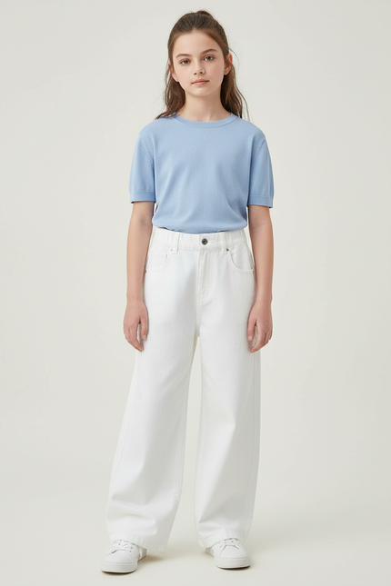 Pantalon Blanc Large Droit Coton Fille Décontracté - Jean