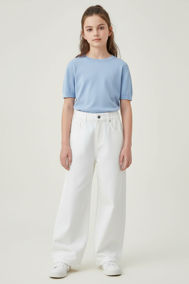 Pantalon Blanc Large Droit Coton Fille Décontracté - Jean