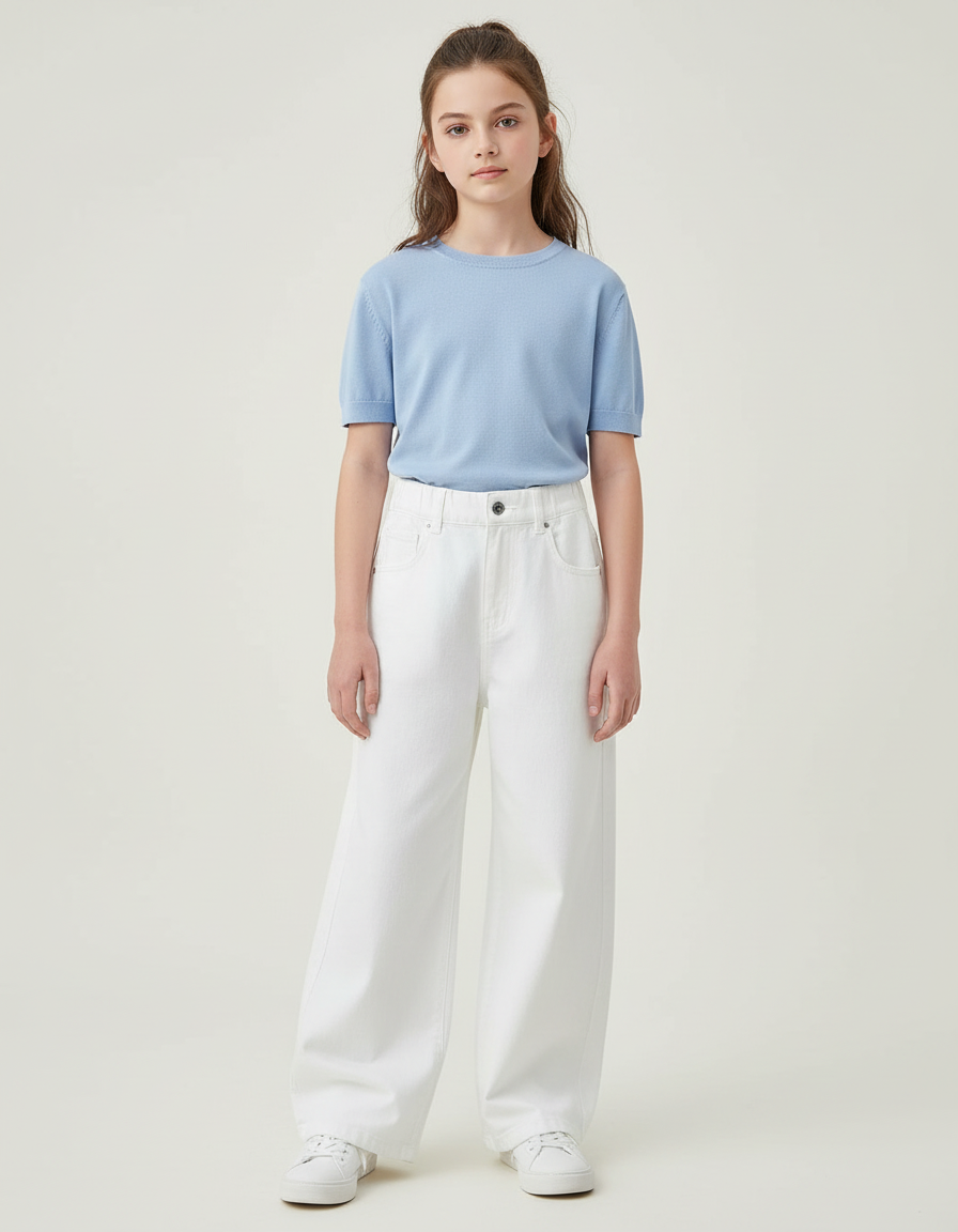 Pantalon Blanc Large Droit Coton Fille Décontracté - Jean