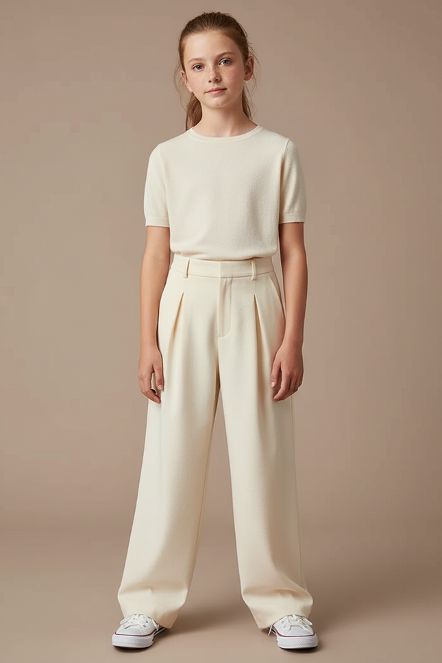 Pantalon Blanc Ample Plissé Taille Haute Fille - Beige Polyester