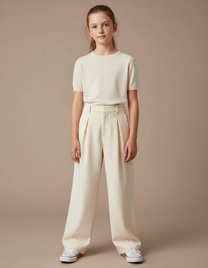 Pantalon Blanc Ample Plissé Taille Haute Fille - Beige Polyester