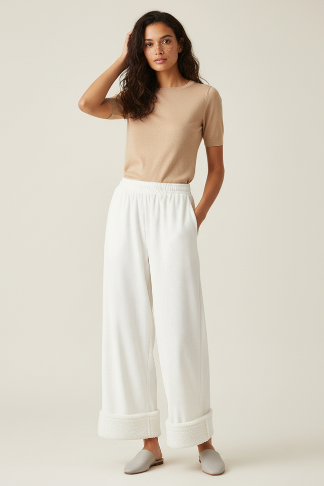 Pantalon Blanc Côtelé Ample Décontracté Doux Femme - Molleton