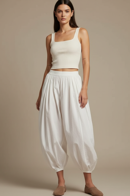Pantalon Blanc Ample Bouffant Coton Décontracté Femme