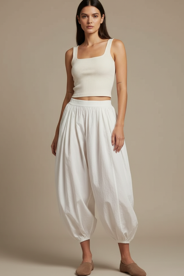 Pantalon Blanc Ample Bouffant Coton Décontracté Femme