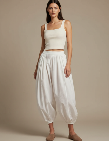 Pantalon Blanc Ample Bouffant Coton Décontracté Femme