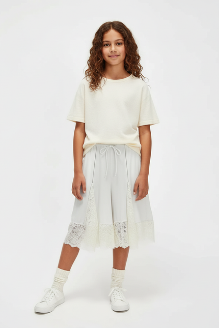 Pantalon Blanc Ample Dentelle Cordon Fille - Viscose
