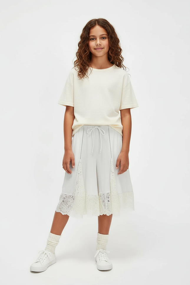Pantalon Blanc Ample Dentelle Cordon Fille - Viscose