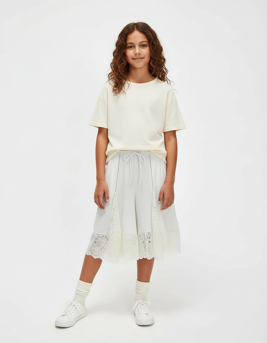 Pantalon Blanc Ample Dentelle Cordon Fille - Viscose