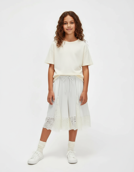 Pantalon Blanc Ample Dentelle Cordon Fille - Viscose