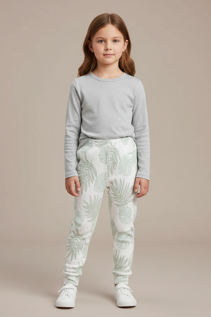 Pantalon Blanc Côtelé Imprimé Feuilles Fille Confortable - Maille