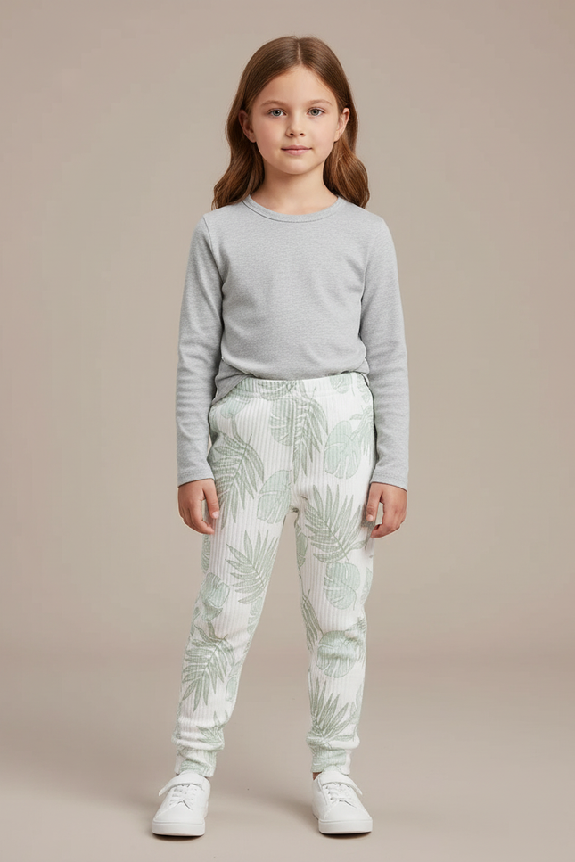 Pantalon Blanc Côtelé Imprimé Feuilles Fille Confortable - Maille