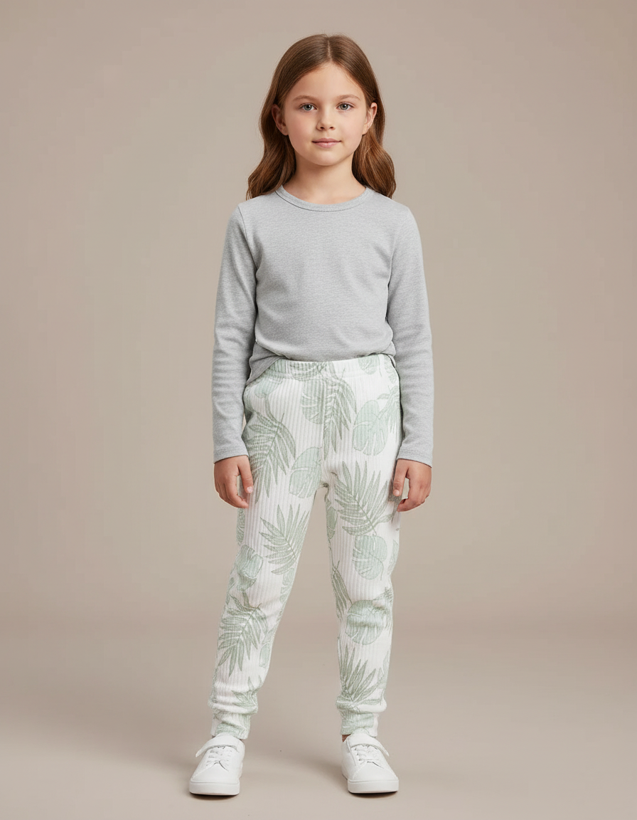 Pantalon Blanc Côtelé Imprimé Feuilles Fille Confortable - Maille