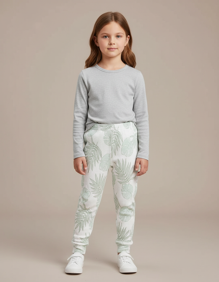 Pantalon Blanc Côtelé Imprimé Feuilles Fille Confortable - Maille