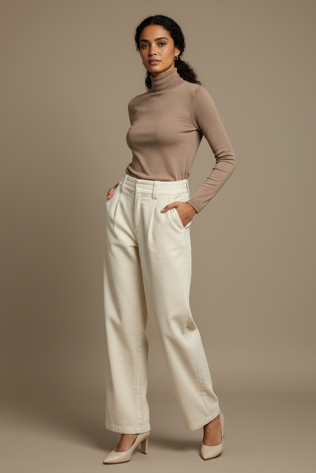 Pantalon Blanc Côtelé Ample Élégant Hiver - Cordé