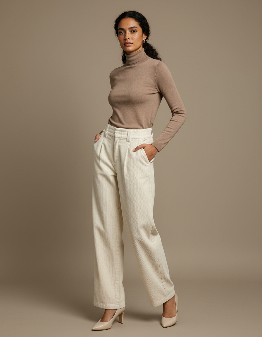 Pantalon Blanc Côtelé Ample Élégant Hiver - Cordé
