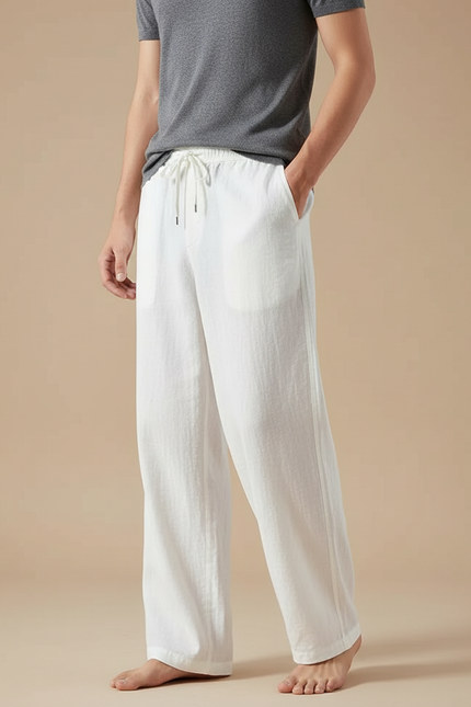 Pantalon Blanc Ample Lin Coton Décontracté Homme