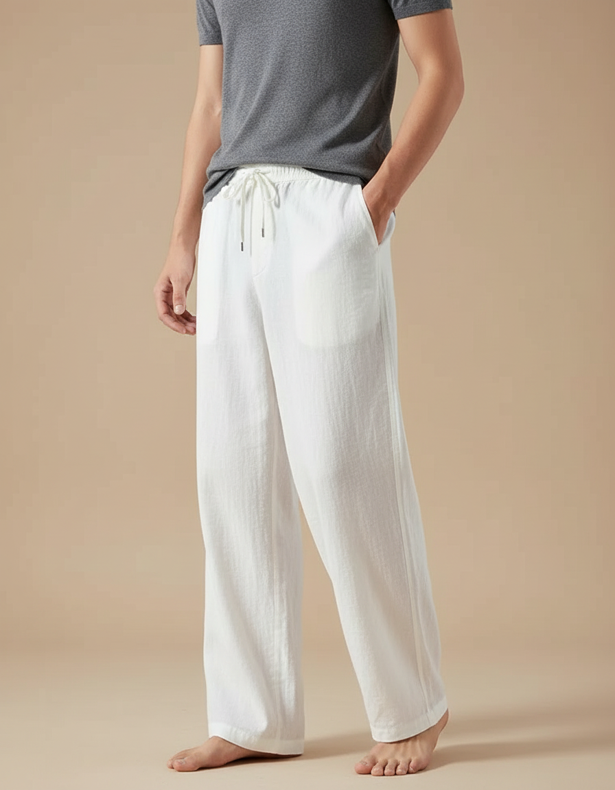Pantalon Blanc Ample Lin Coton Décontracté Homme