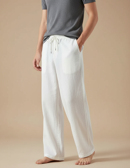 Pantalon Blanc Ample Lin Coton Décontracté Homme