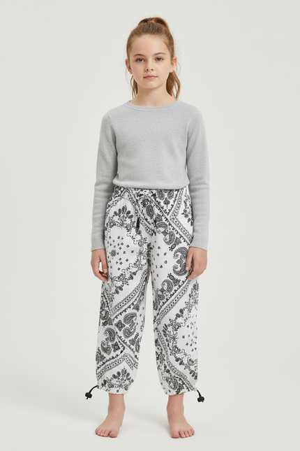 Pantalon Blanc Sarouel Paisley Ample Confortable Enfant - Imprimé Molleton