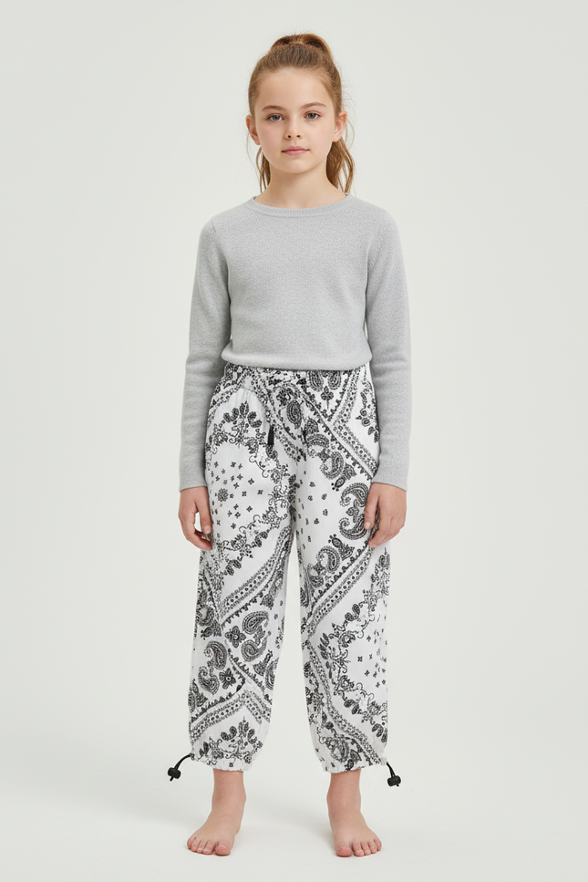 Pantalon Blanc Sarouel Paisley Ample Confortable Enfant - Imprimé Molleton