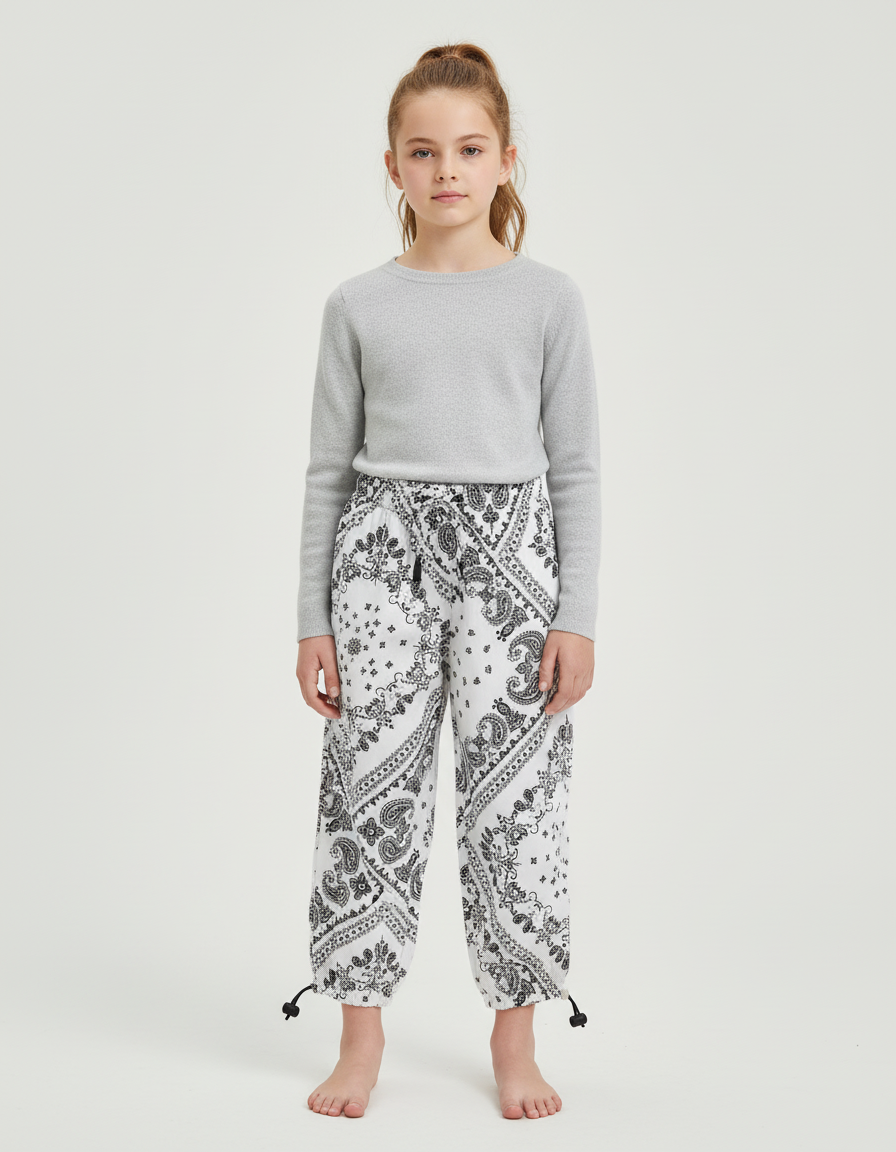 Pantalon Blanc Sarouel Paisley Ample Confortable Enfant - Imprimé Molleton