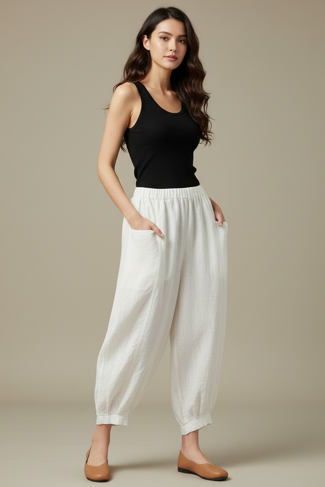 Pantalon Blanc Lin Ample Décontracté Fluide Femme