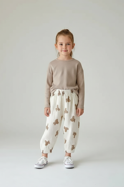 Pantalon Blanc Oursons Mignons Ample Coton Bébé