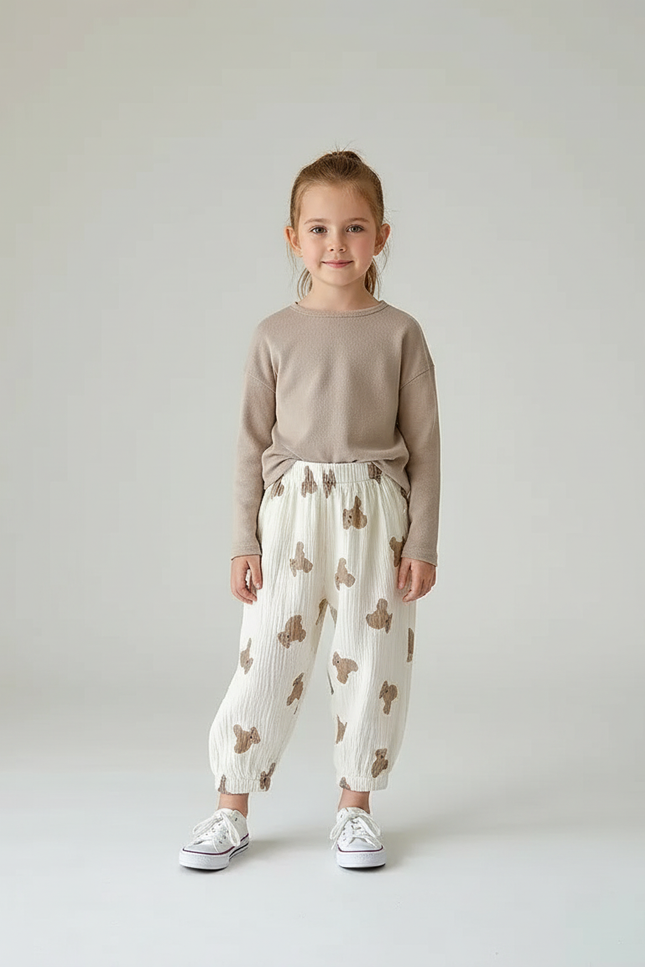 Pantalon Blanc Oursons Mignons Ample Coton Bébé