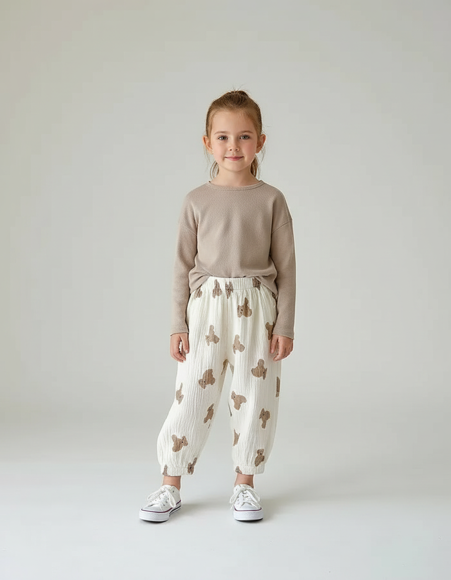 Pantalon Blanc Oursons Mignons Ample Coton Bébé