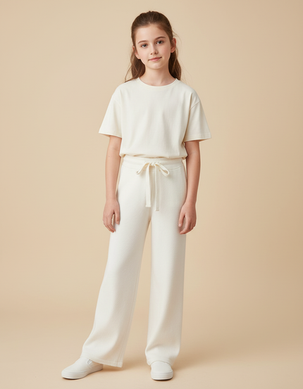 Pantalon Blanc Droit Ample Cordon Confortable Fille - Maille