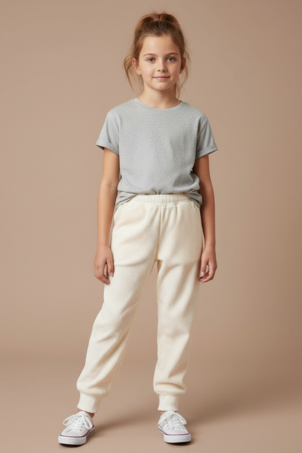 Pantalon Blanc Côtelé Enfant Confortable Décontracté - Beige Cordé