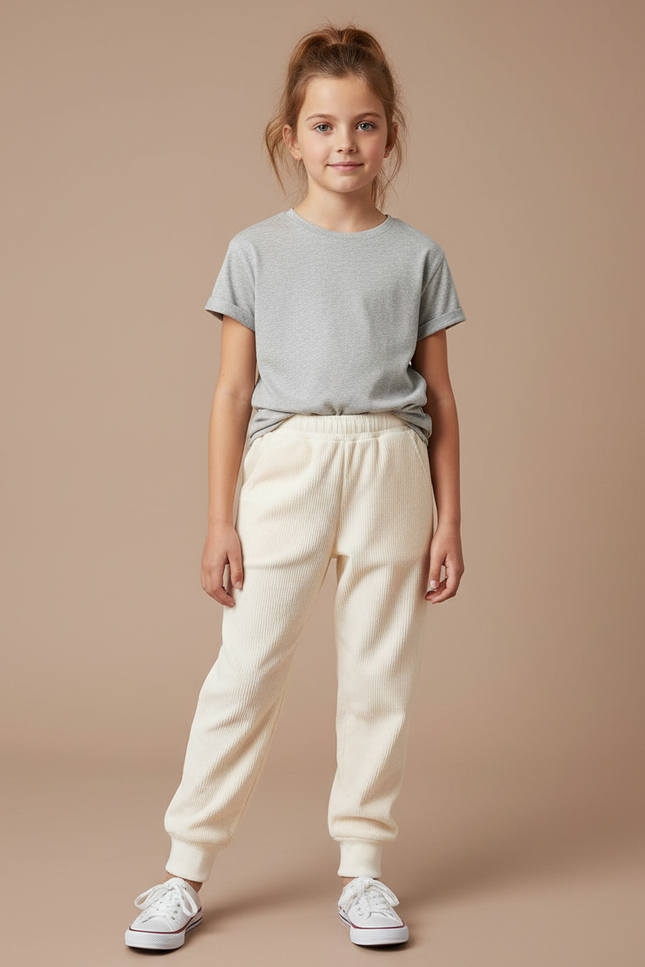 Pantalon Blanc Côtelé Enfant Confortable Décontracté - Beige Cordé