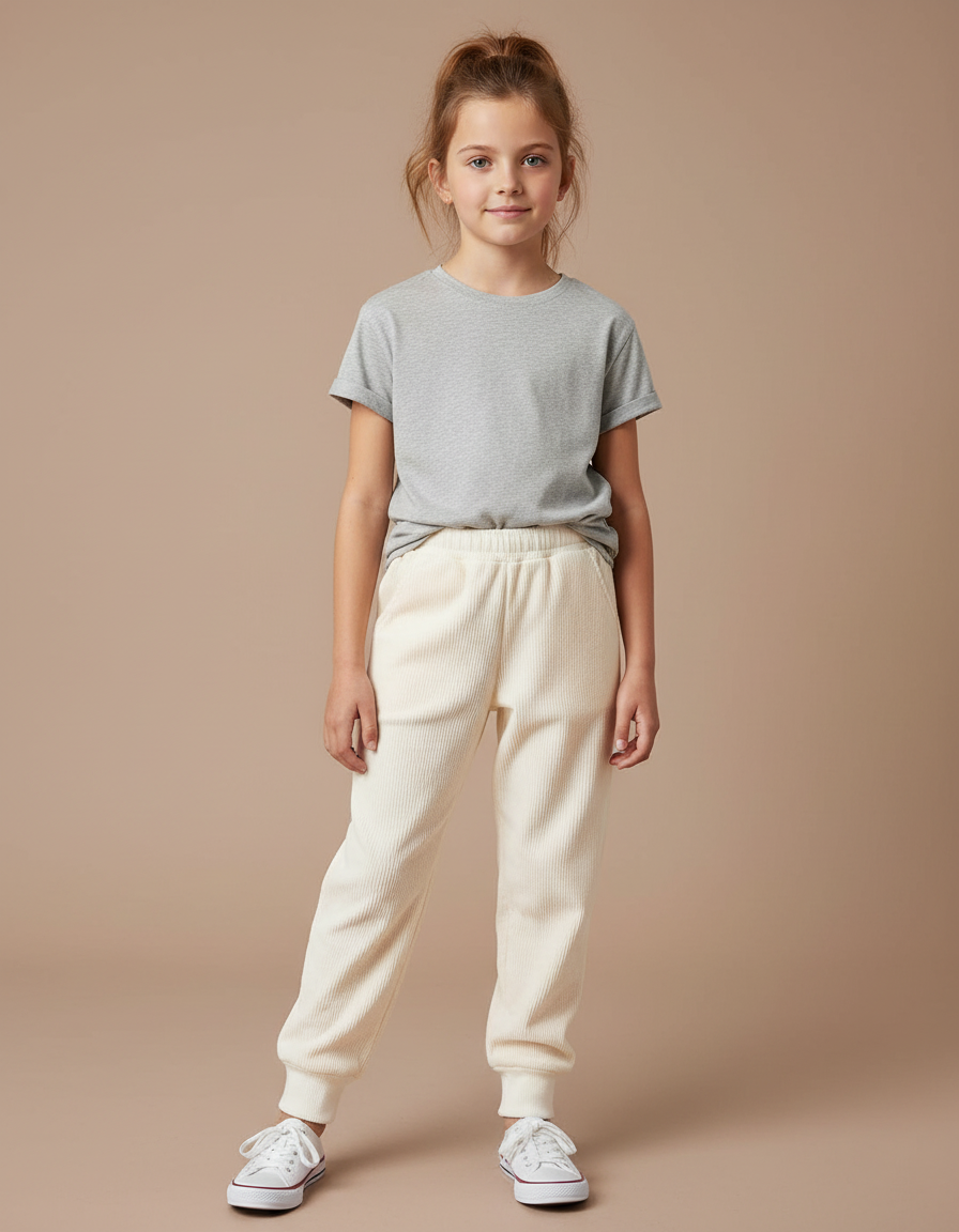 Pantalon Blanc Côtelé Enfant Confortable Décontracté - Beige Cordé