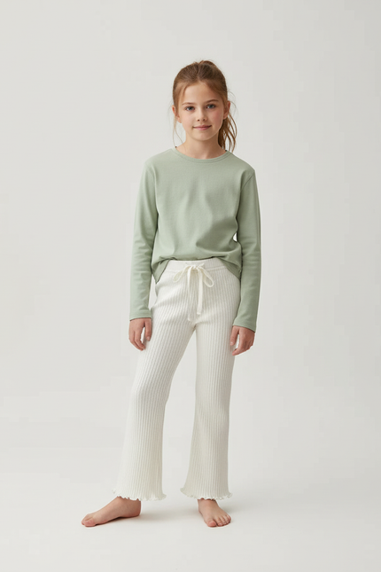 Pantalon Blanc Côtelé Évasé Volants Coton Confortable - Maille
